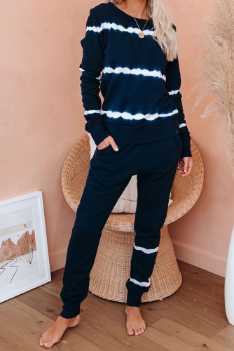 Navy Tie-dye Stripes Pullover Top and Pants Lounge Set