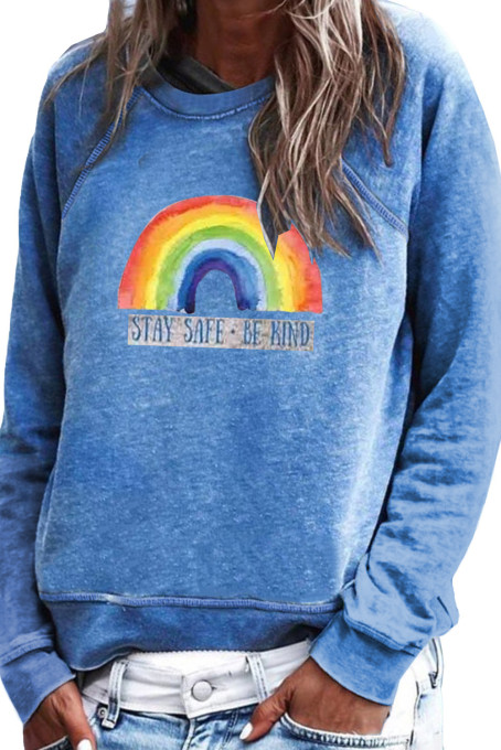 Blue Rainbow Print Pullover Sweatshirt