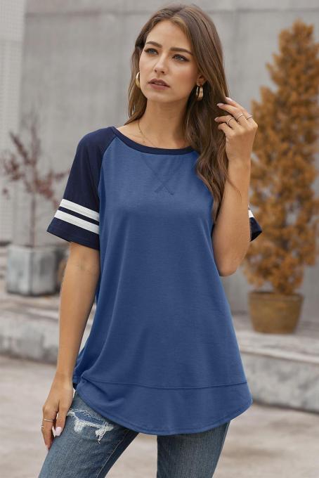 Blue Color Block Contrast Short Sleeve T-shirt