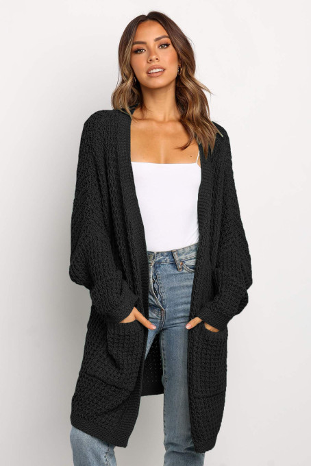 Black Long Line Open Front Knitted Cardigan with Pockets