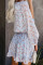 Sky Blue V Neck Lantern Sleeves Floral Tunic Dress