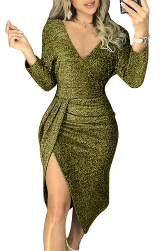 Green Glitter Ruched Thigh Slit Prom Metallic Dress