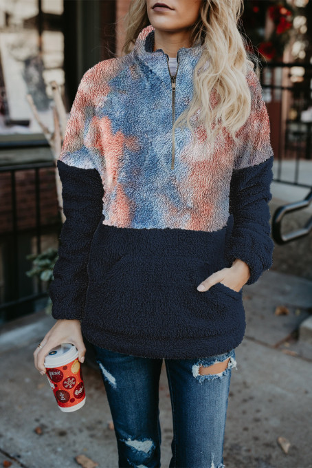 Blue Tie-dye Oversize Fluffy Fleece Pullover Sweatshirt