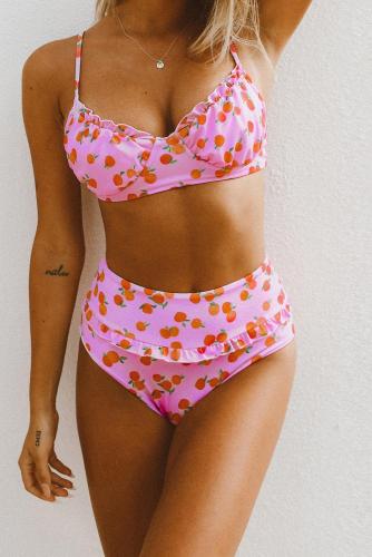Pink Fruit Print Ruffled Detail High Waist Bikini