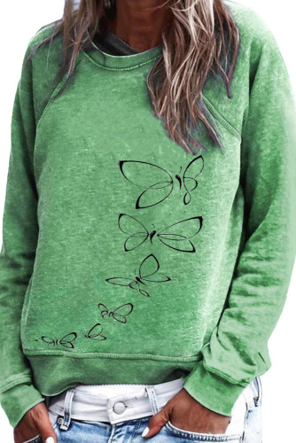 Green Butterfly Print Pullover Sweatshirt
