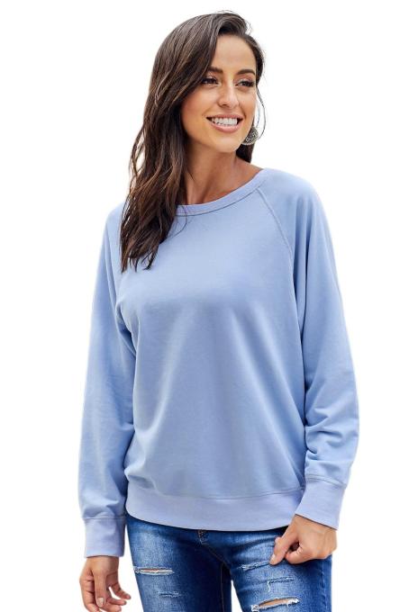 Sky Blue French Terry Cotton Blend Pullover Sweatshirt