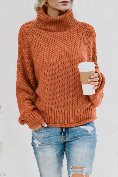 Orange Turtleneck Balloon Long Sleeve Pullover Sweater
