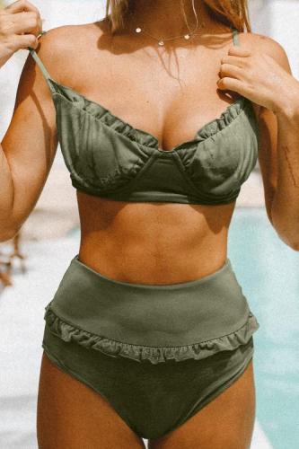 Green Ruffled Detail High Waist Bikini