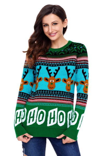 Cartoon Reindeer HO HO HO Green Christmas Sweater
