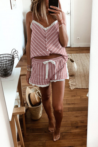 Pink Stripes Frill Trim Cami Pajamas Set