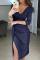 Blue Glitter Ruched Thigh Slit Prom Metallic Dress