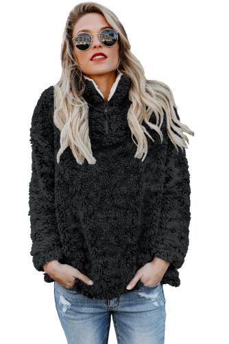 Black Zipper Fleece Pullover Coat