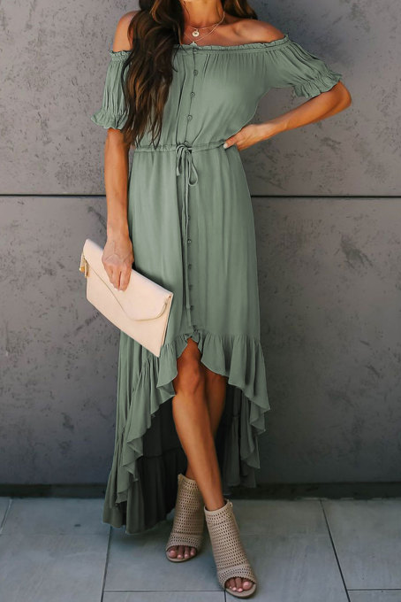 Sage Green Glaze High Low Off The Shoulder Maxi Dress