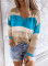 Sky Blue V Neck Colorblock Knitted Sweater with Hollow-out