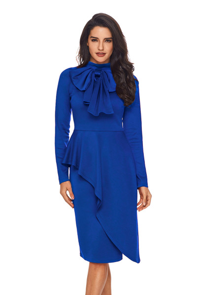 Royal Blue Asymmetric Peplum Style Pussy Bow Dress