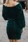 Green Puff Sleeve Off Shoulder Wrap Bodycon Velvet Dress