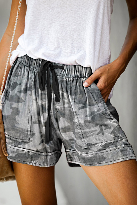 Camouflage Print Drawstring Casual Elastic Waist Pocketed Shorts