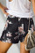 Black Floral Print Drawstring Casual Elastic Waist Pocketed Shorts