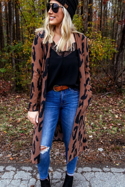 Brown Leopard Print Open Front Cardigan with Pockets