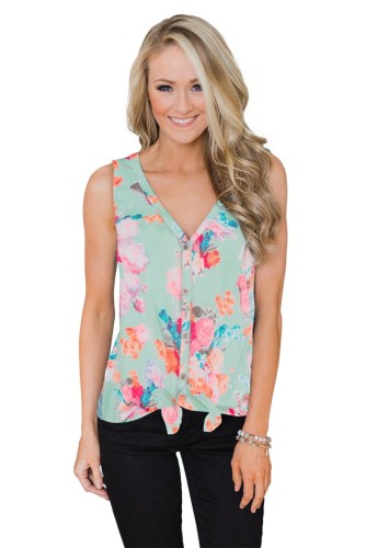 Green Touch The Sky Open Front Floral Tank Top