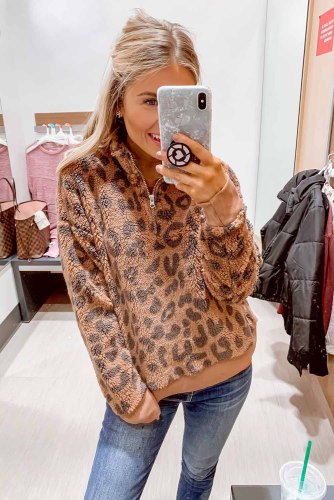 Brown Leopard Print Fleece Zip Collar Pullover