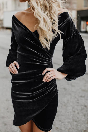 Black Puff Sleeve Off Shoulder Wrap Bodycon Velvet Dress