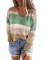 Green V Neck Colorblock Knitted Sweater with Hollow-out