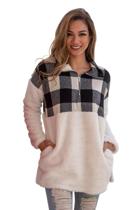Black Fuzzy Pullover with Plaid Detail