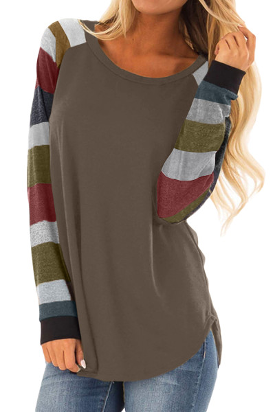 Color Block Long Sleeves Brown Pullover Top