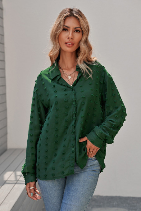 Green Long Sleeve Button Fuzzy Polka Dot Shirt