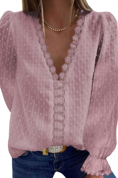 Pink Elegant V-Neck Swiss Dot Lace Blouse