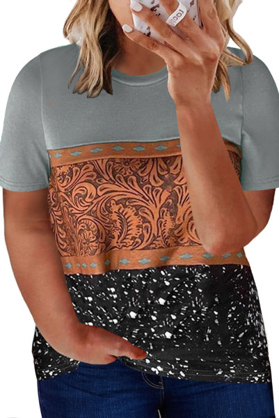 Marble Print Buckstitch Splicing Color Block Plus Size T-shirt