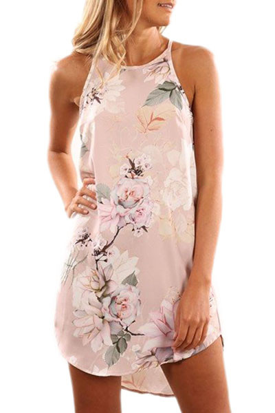 Summer Floral Print Pink Sleeveless Dress