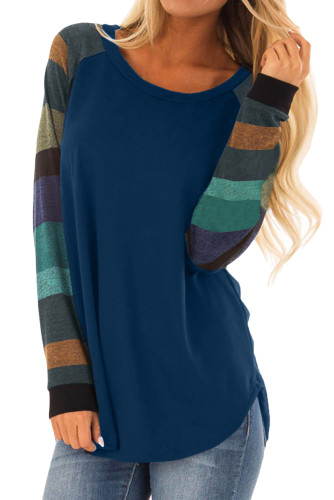 Color Block Long Sleeves Navy Pullover Top