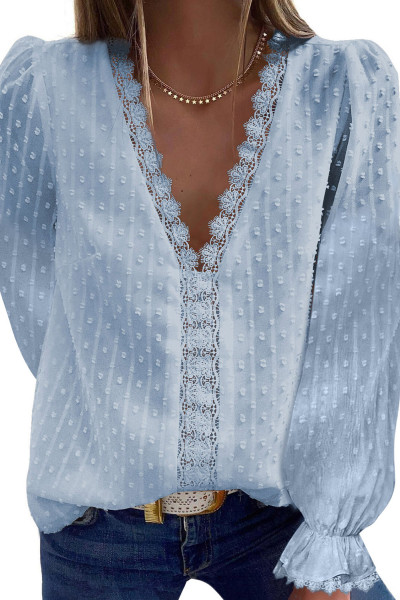 Sky Blue Elegant V-Neck Swiss Dot Lace Blouse