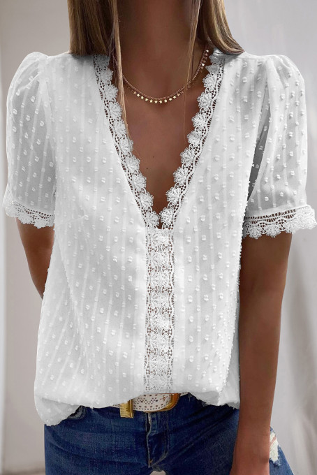 White Lace Splicing V-Neck Swiss Dot Short Sleeve Top