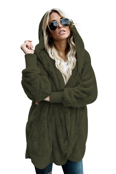 Green Soft Fleece Hooded Open Front Coat
