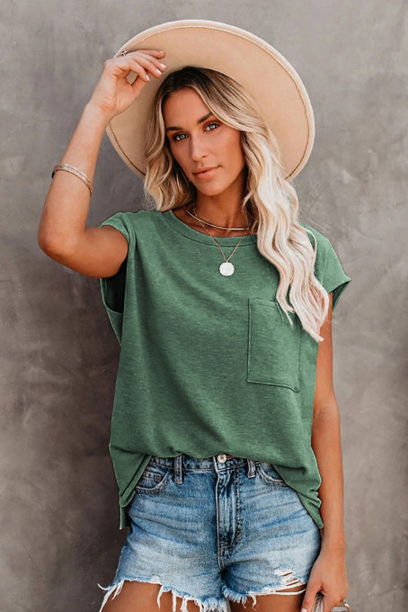 Green Pocketed Tee with Side Slits