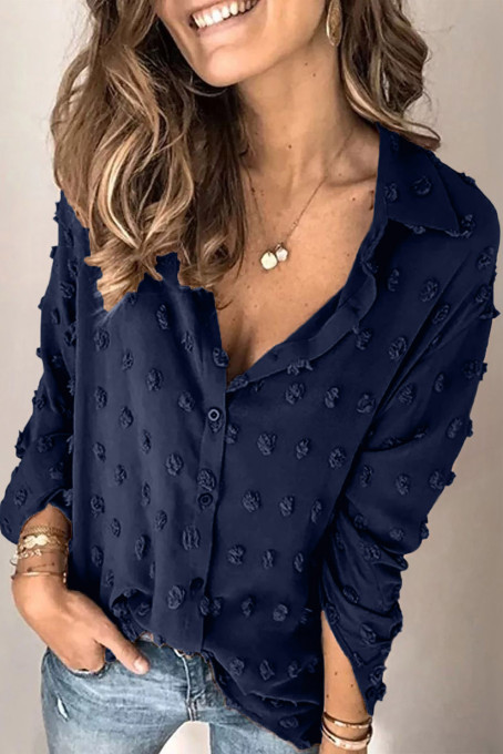 Blue Long Sleeve Button Fuzzy Polka Dot Shirt