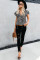 Black V-neck Short Sleeve Fashion Print Fantasy Fluttering Blouse