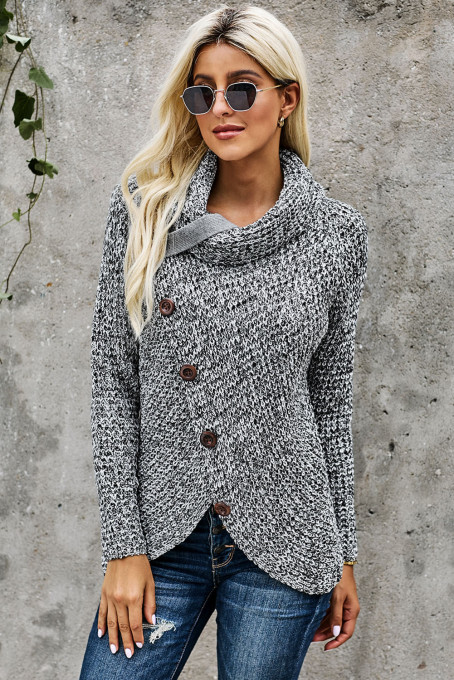 Heather Gray Buttoned Wrap Turtleneck Sweater