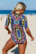 Abstract Print Zip Front Half Sleeve One Piece Swimsuit
