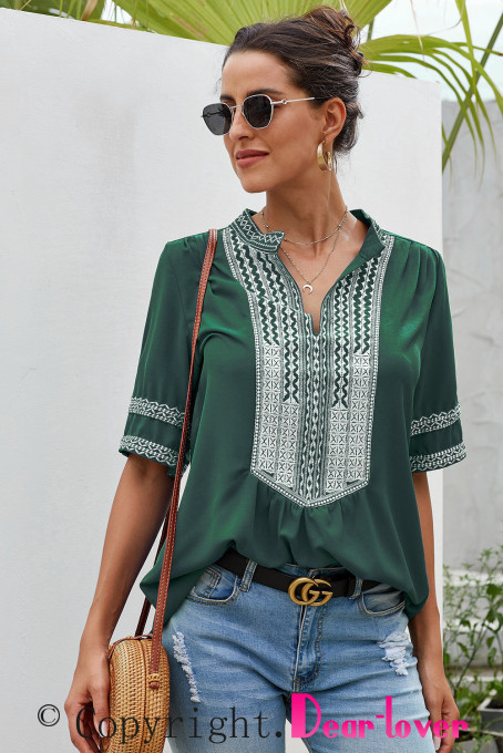 Green Elbow Length Sleeves Front Embroidery Blouse