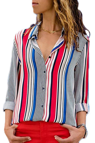 Red Blue Striped Modern Women Shirt