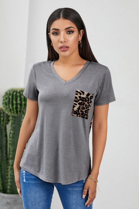 Gray Leopard Printed Splicing T-Shirt