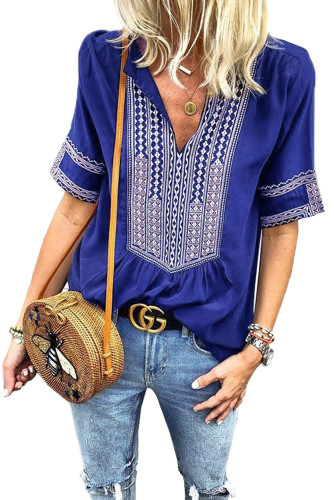 Blue Elbow Length Sleeves Front Embroidery Blouse