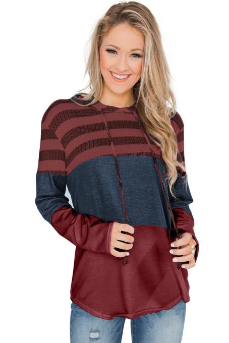Red Color Block Drawstring Hoodie