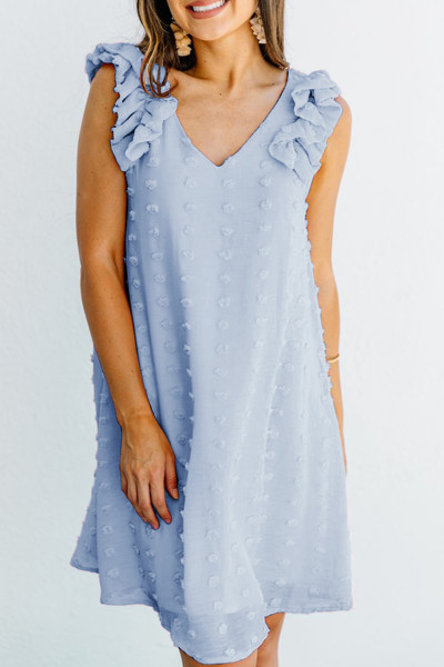 Blue Swiss Dot V Neck Ruffled Sleeveless Mini Dress