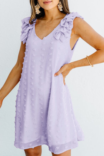 Purple Swiss Dot V Neck Ruffled Sleeveless Mini Dress