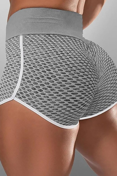 Gray High Waist Honeycomb Contrast Stripes Butt Lifting Yoga Shorts
